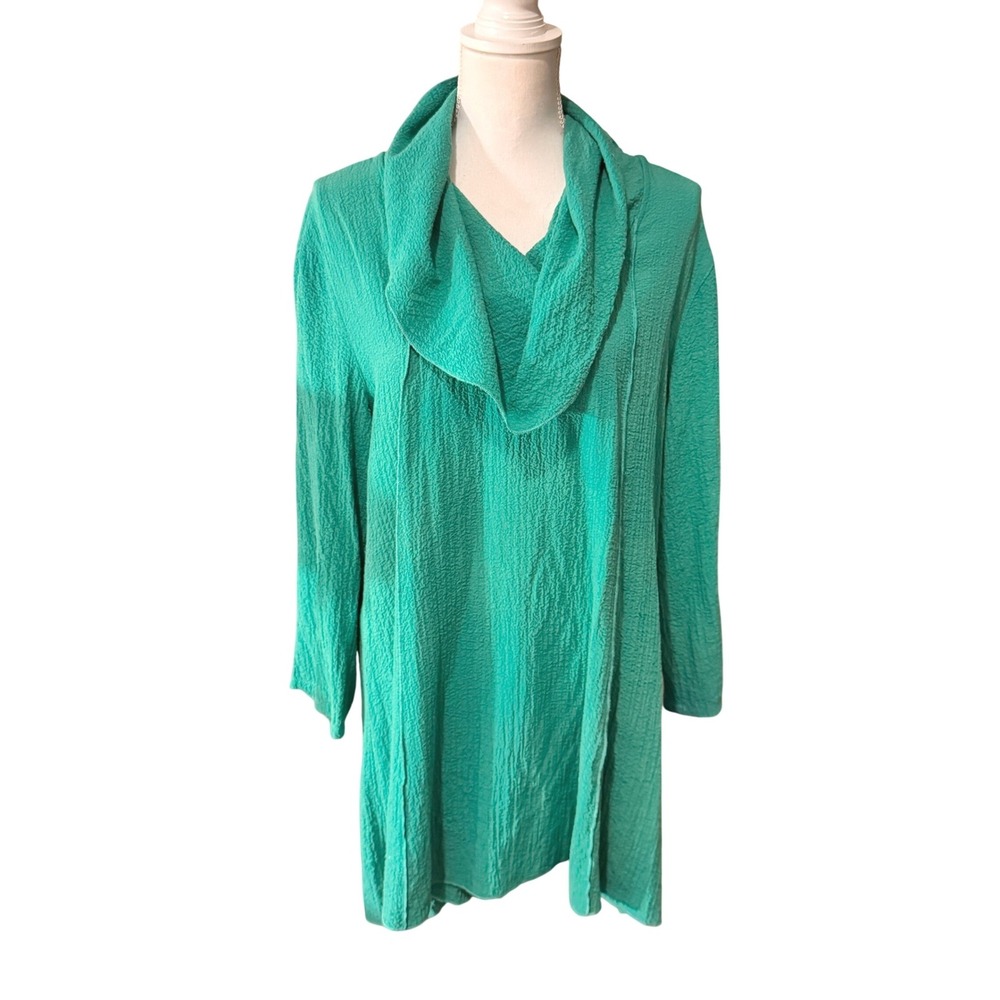 Ali Miles Women's XL Green Crinkle Textured Cowl Neck Tunic Top Lagenlook Modern